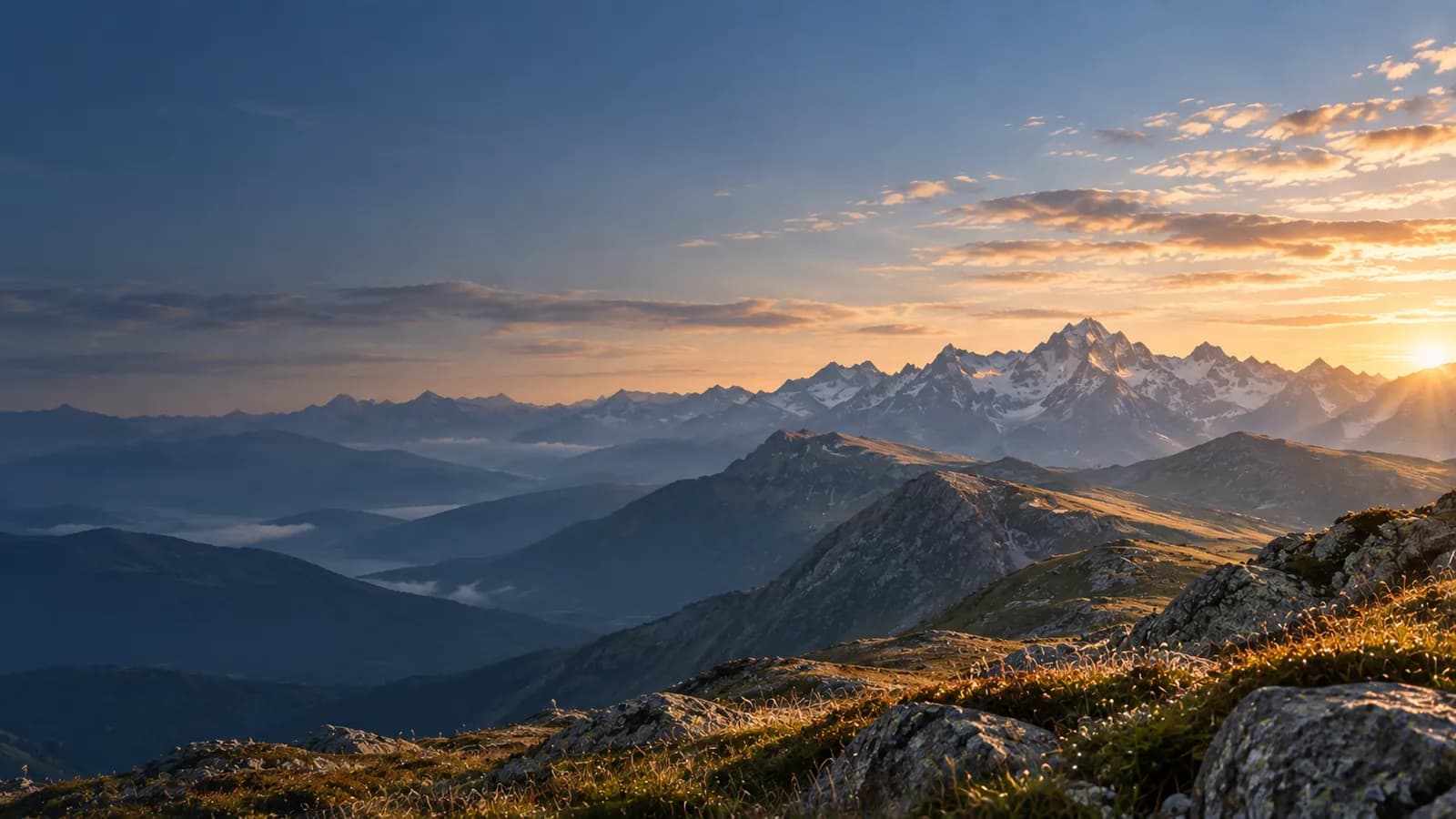 Open alpine ridgelines with distant peaks in warm early light