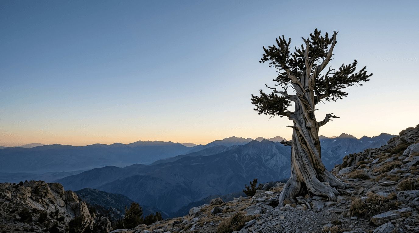 Ancient bristlecone pine against a mountain landscape