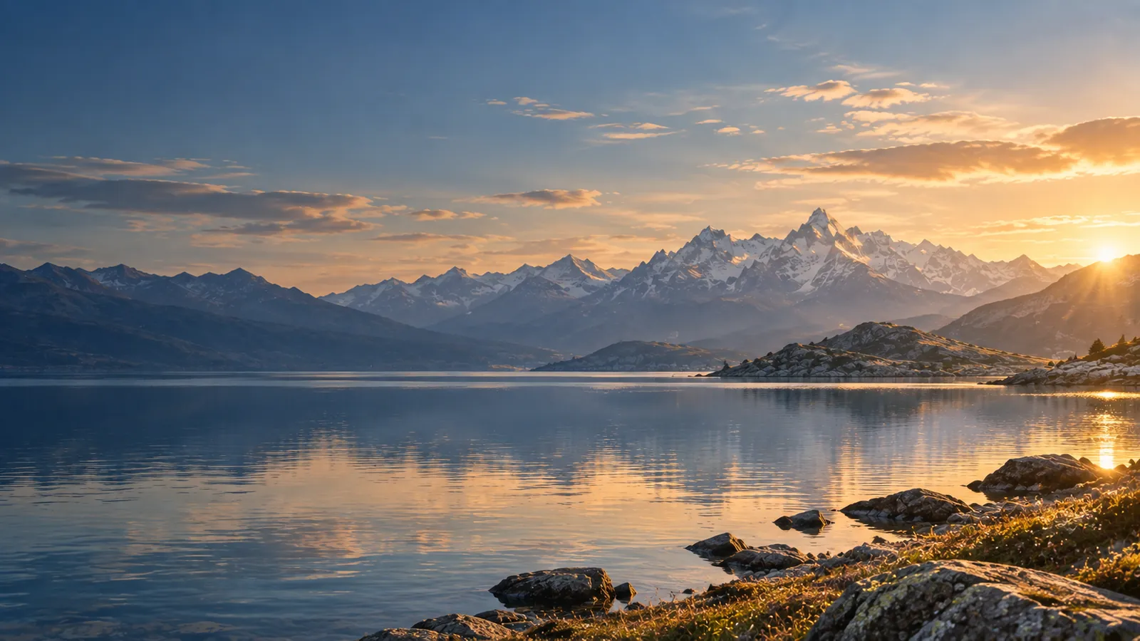 Calm alpine lake with distant mountain peaks in soft golden-hour light